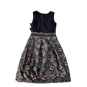 Whimsical Navy Fox Boho Floral Print Sleeveless Fairy Animal Midi Dress Sz XS